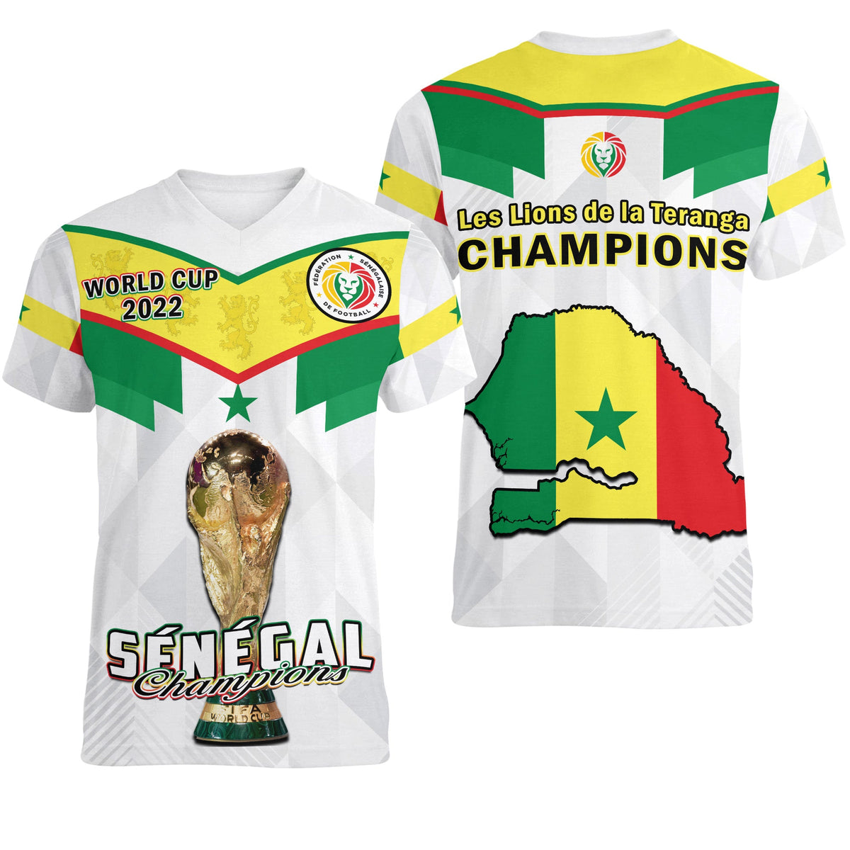 Senegal Football V-Neck T Shirt Champions WC 2022 - Wonder Print Shop