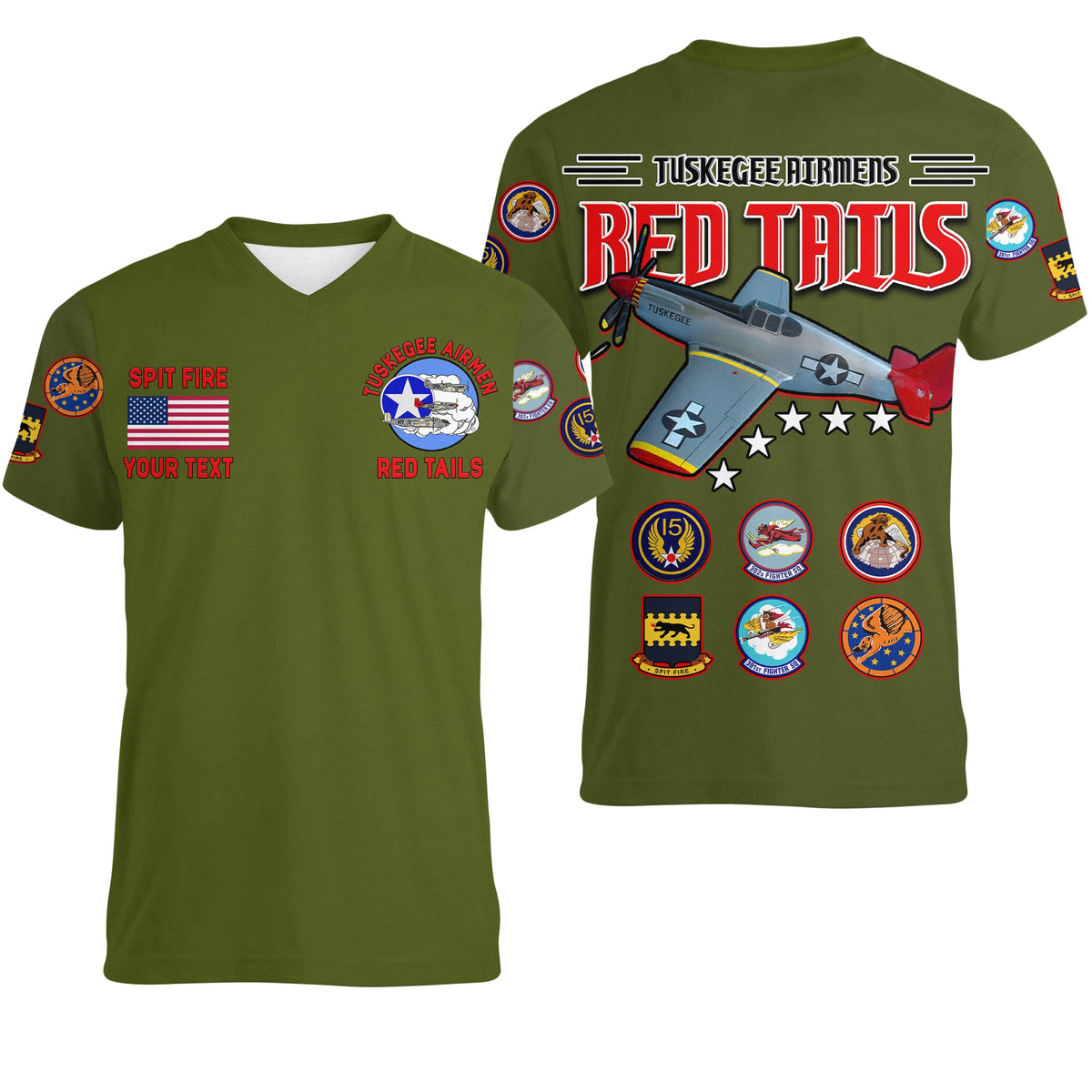 Custom Tuskegee Airmen V Neck T Shirt US Military Army Green Red Tails LT13 - Wonder Print Shop