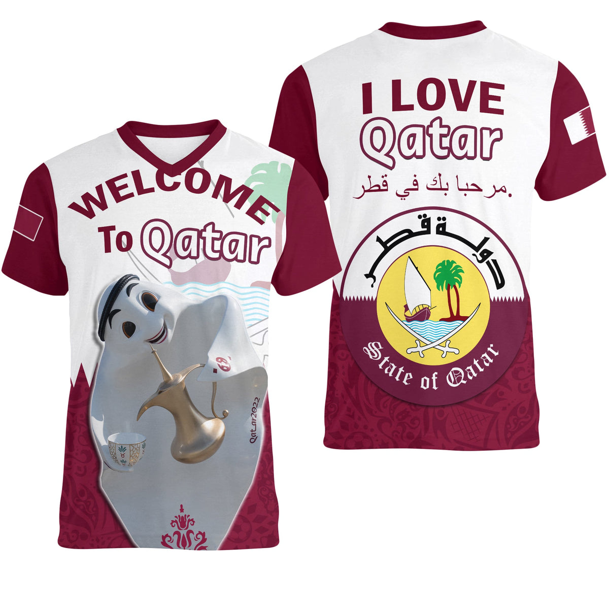 Qatar V-Neck T Shirt Laeeb Mascot World Cup 2022 Welcome To Qatari - Wonder Print Shop