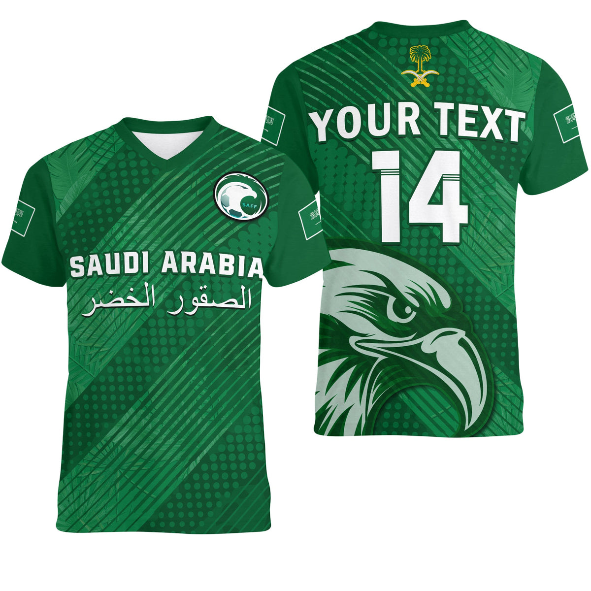 (Custom Text And Number) Saudi Arabia Football V-Neck T Shirt Green Falcons World Cup 2022 - Wonder Print Shop