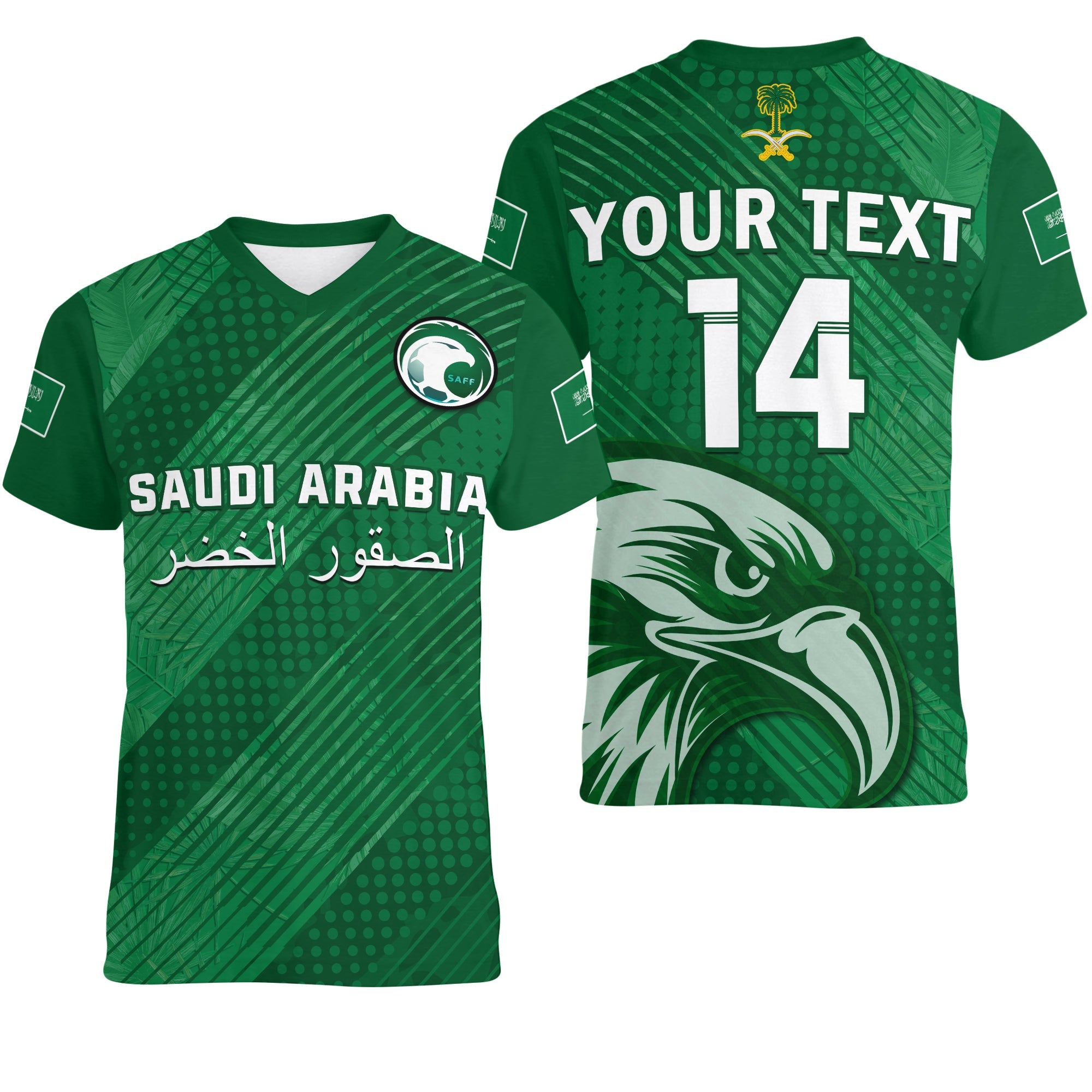 custom-text-and-number-saudi-arabia-football-v-neck-t-shirt-green-falcons-world-cup-2022