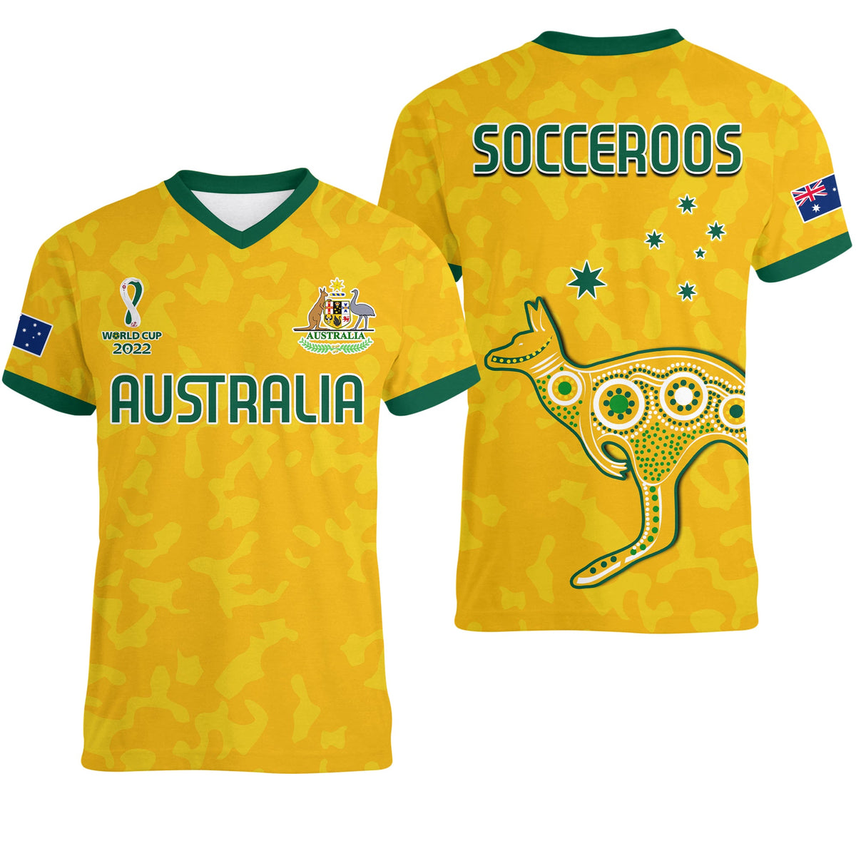 Australia Soccer V Neck T Shirt World Cup Football 2022 Socceroos with Kangaroos LT13 - Wonder Print Shop