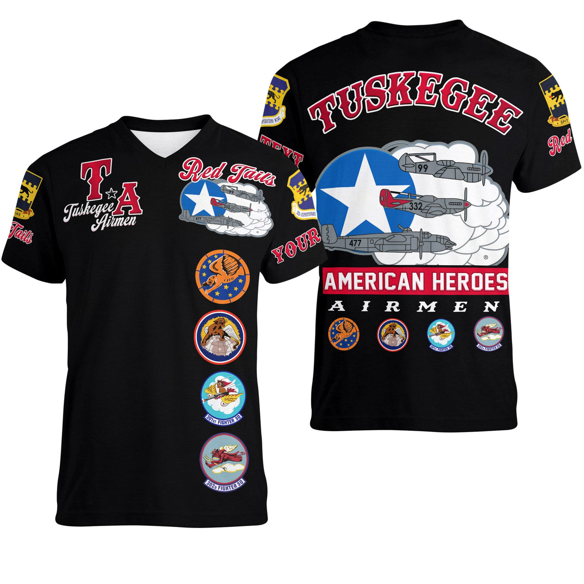 (Custom Personalised) Tuskegee Airmen V-Neck T Shirt Red Tail Angels American Heros - Wonder Print Shop