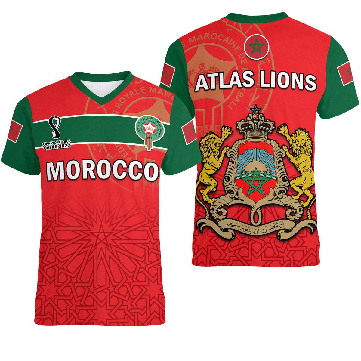 Morocco Football V Neck T Shirt Atlas Lions Red World Cup 2022 - Wonder Print Shop
