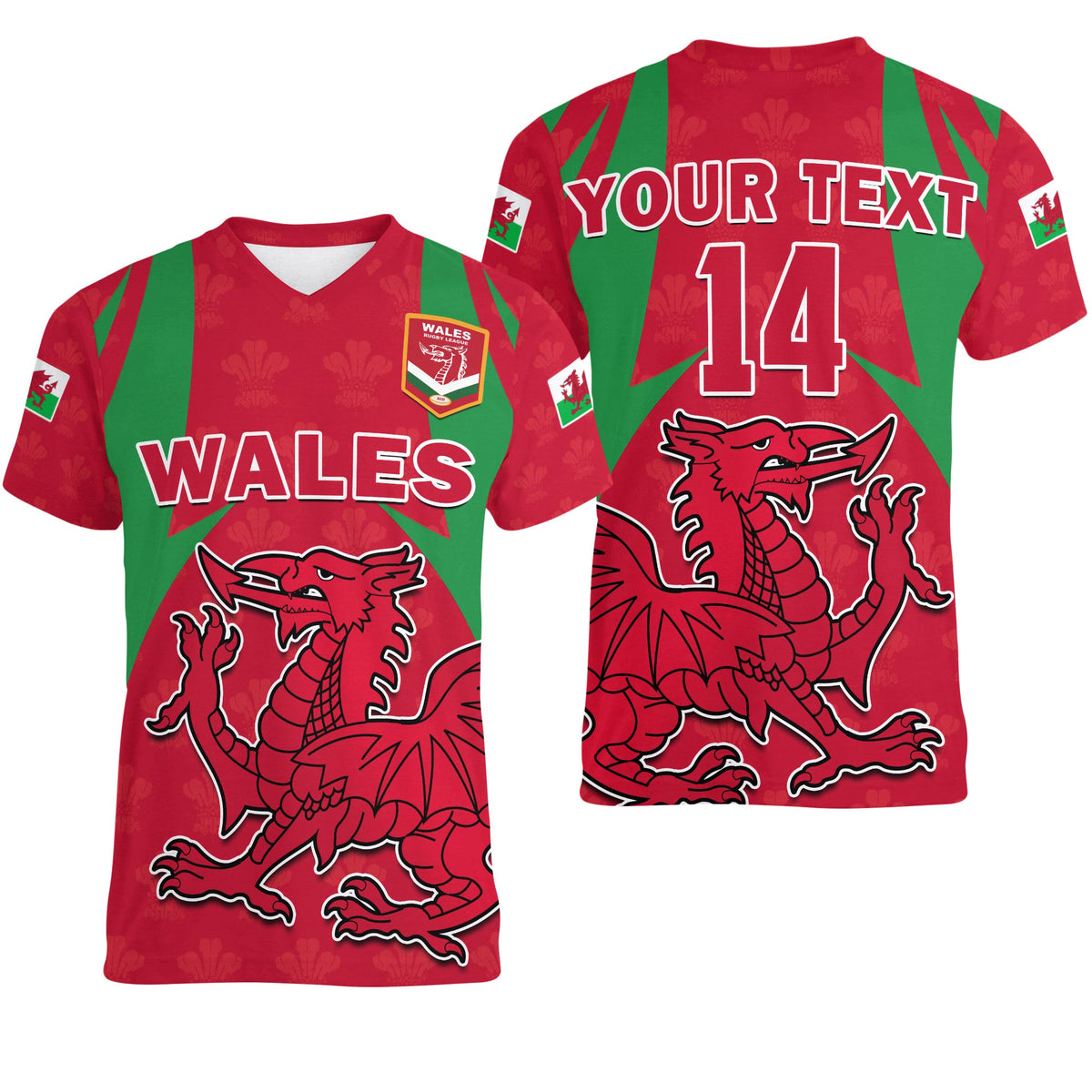 (Custom Text And Number) Wales Rugby V-Neck T Shirt The Dragons National Team Come On Cymru - Wonder Print Shop