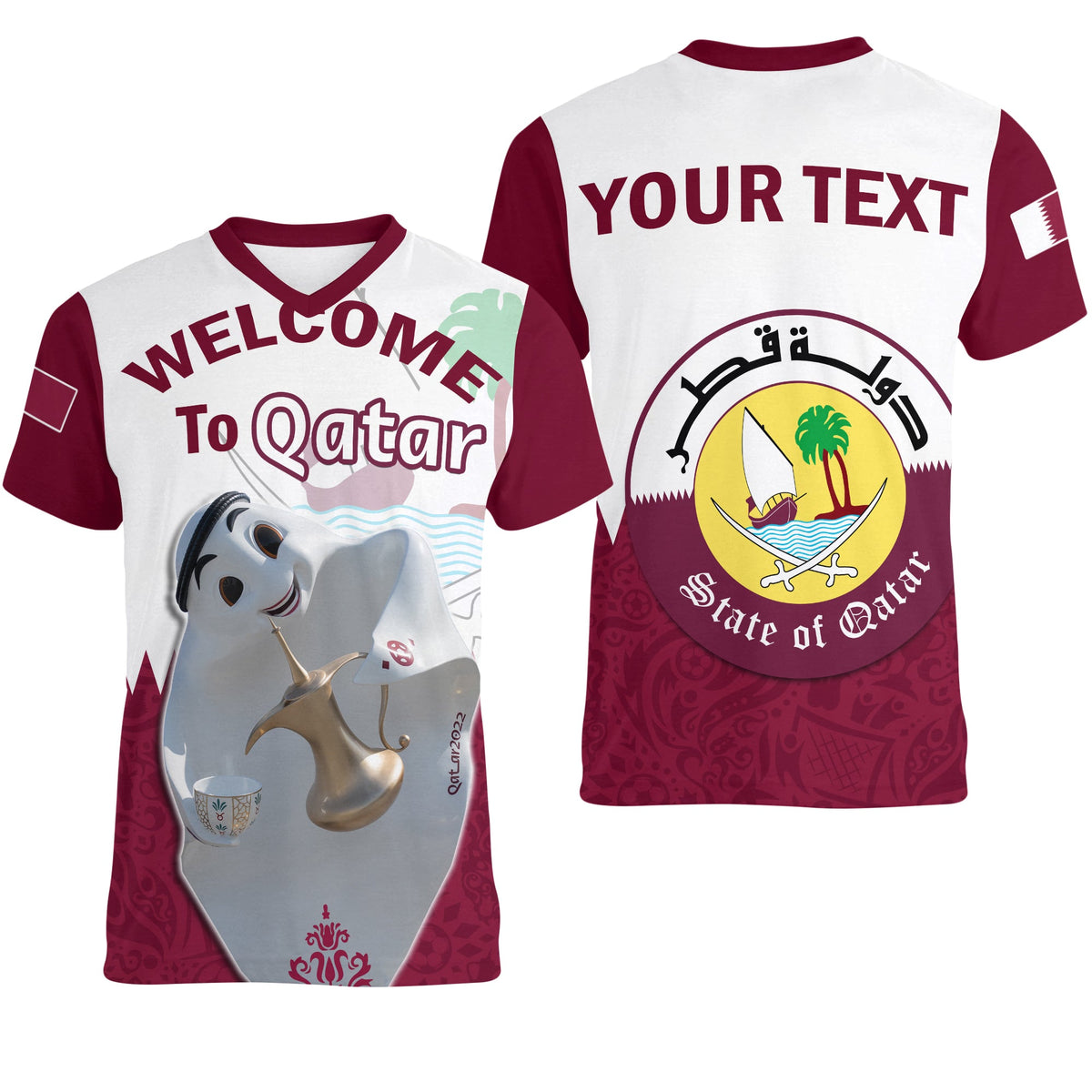 (Custom Personalised) Qatar V-Neck T Shirt Laeeb Mascot World Cup 2022 Welcome To Qatari - Wonder Print Shop