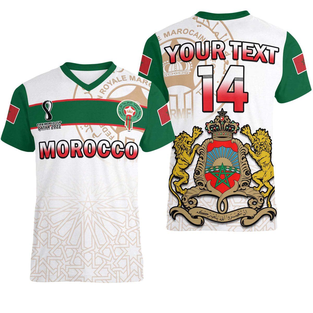 Custom Morocco Football V Neck T Shirt Atlas Lions White World Cup 2022 - Wonder Print Shop