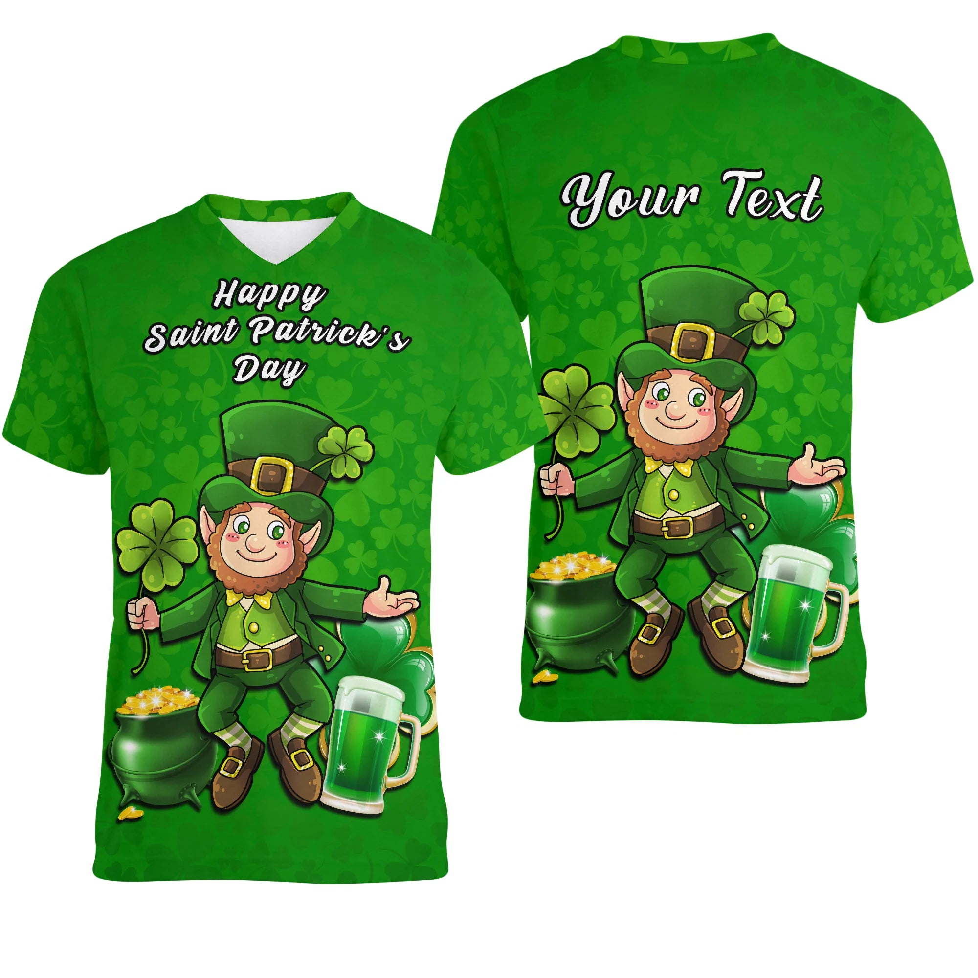 custom-personalised-ireland-women-v-neck-t-shirt-saint-patricks-day-happy-leprechaun-and-shamrock