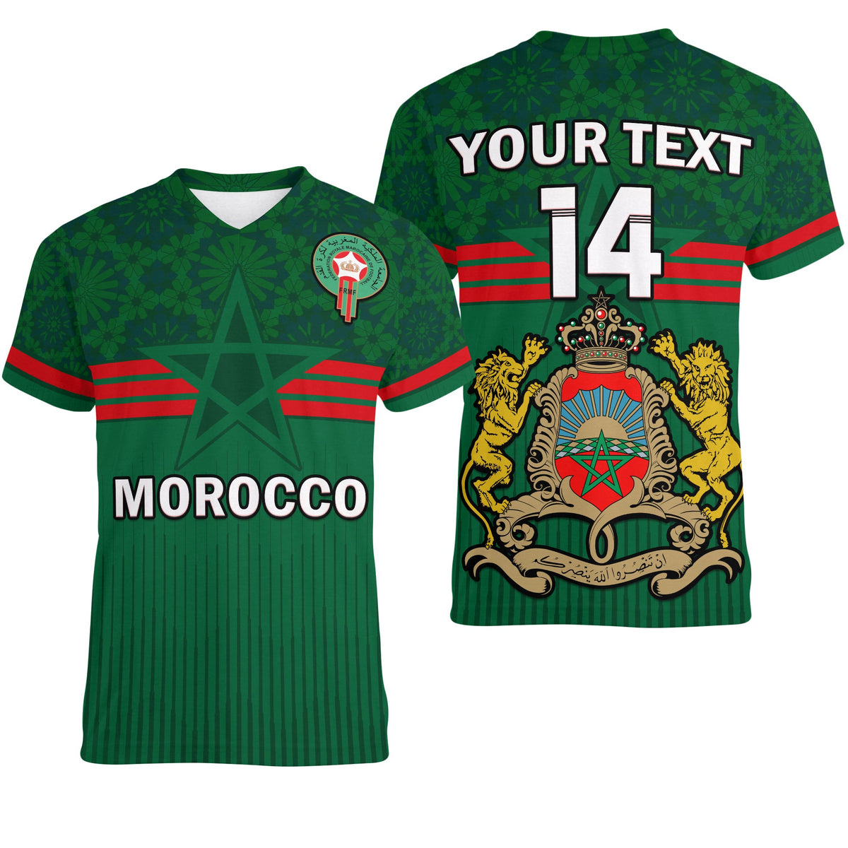 Custom Morocco Football V Neck T Shirt World Cup 2022 Green Moroccan Pattern - Wonder Print Shop