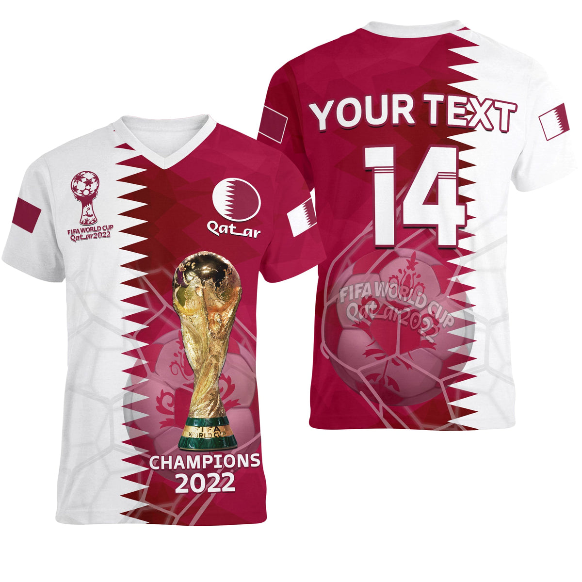 (Custom Text And Number) Qatar Football V-Neck T Shirt Annabi Champions Proud WC 2022 - Wonder Print Shop