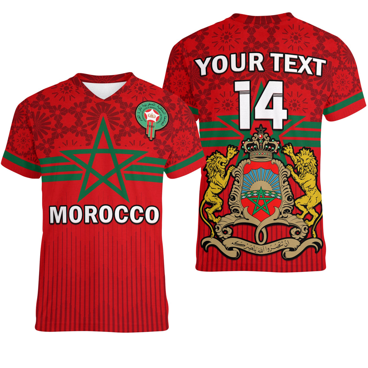 Custom Morocco Football V Neck T Shirt World Cup 2022 Red Moroccan Pattern - Wonder Print Shop