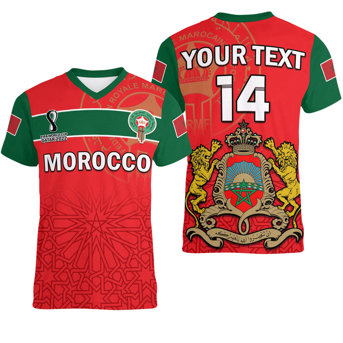 Custom Morocco Football V Neck T Shirt Atlas Lions Red World Cup 2022 - Wonder Print Shop