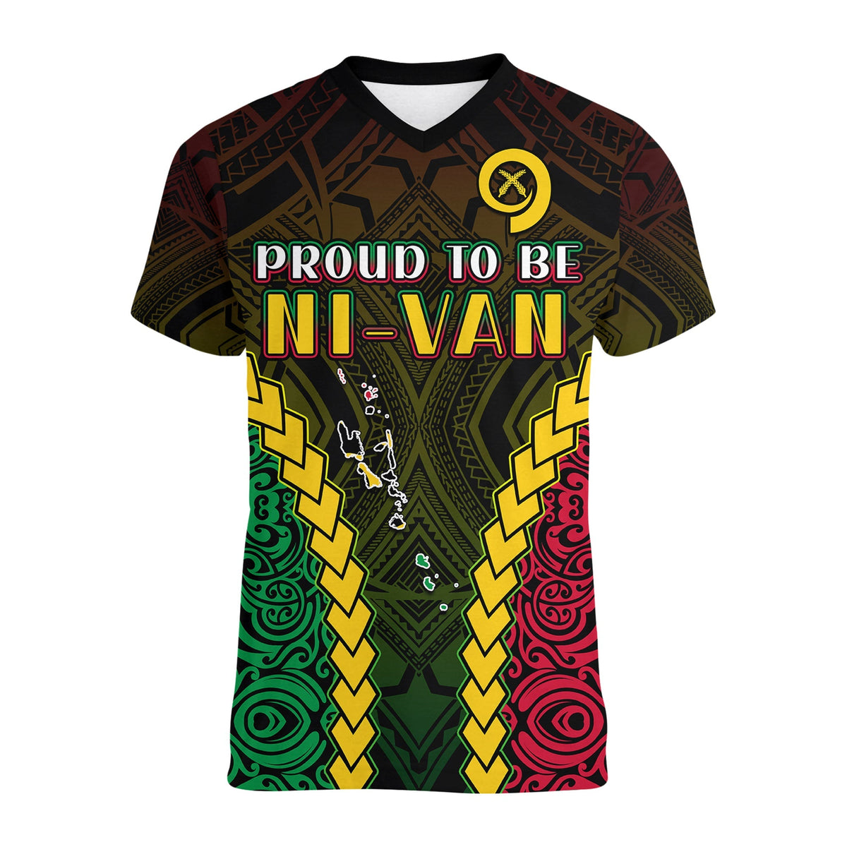 Black V-neck tee with "proud to be NI-VAN" text and tribal design