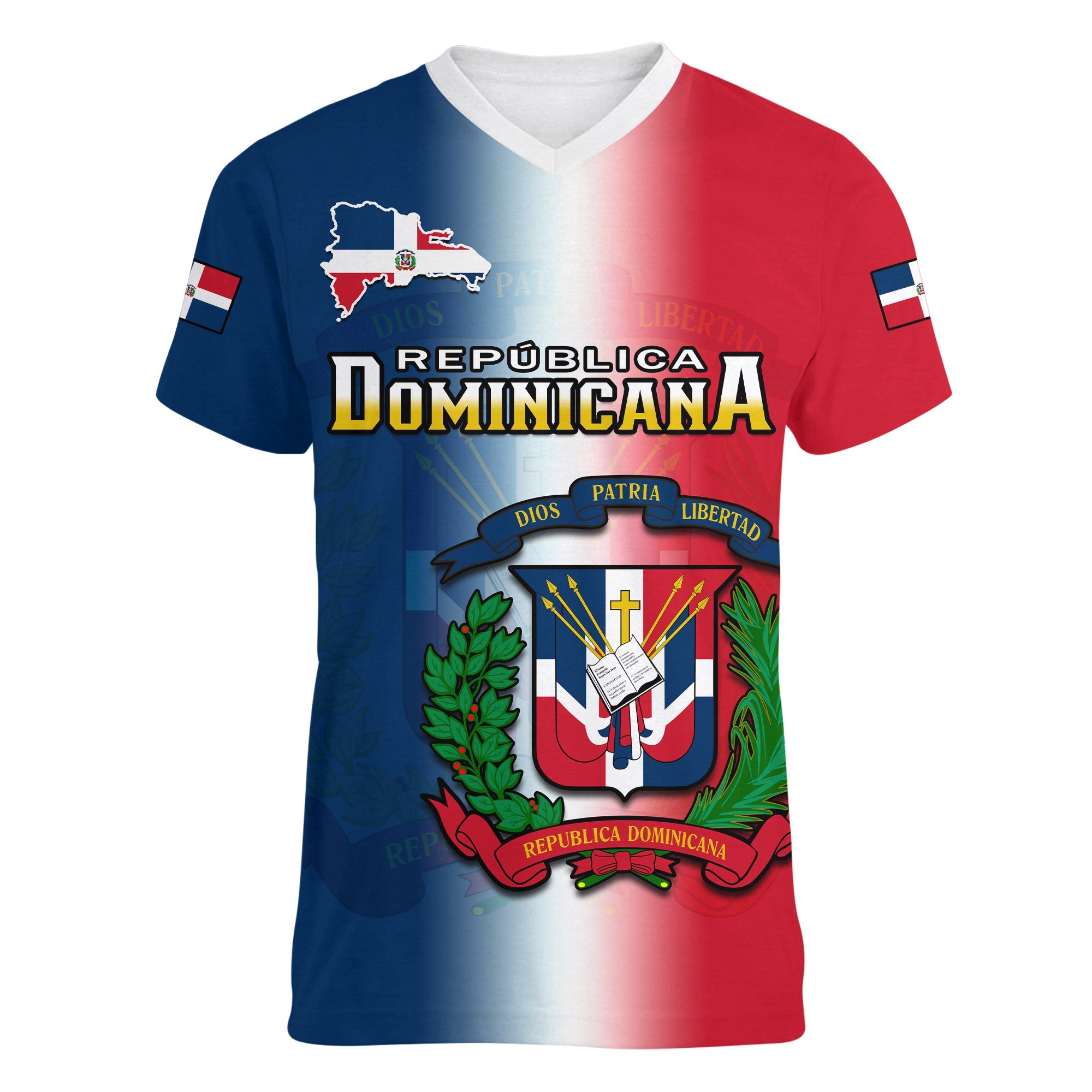custom-personalised-dominican-republic-v-neck-t-shirt-dominicana-coat-of-arms-gradient-style
