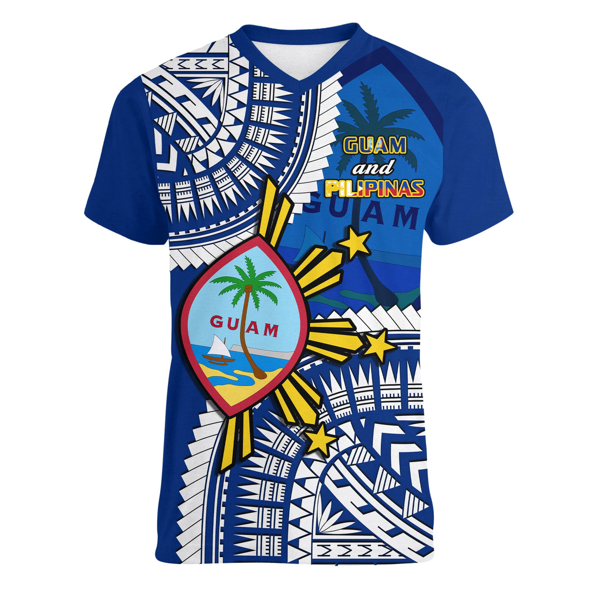 (Custom Personalised) Guam and Philippines V-Neck T Shirt Guaman Filipinas Together Blue - Wonder Print Shop