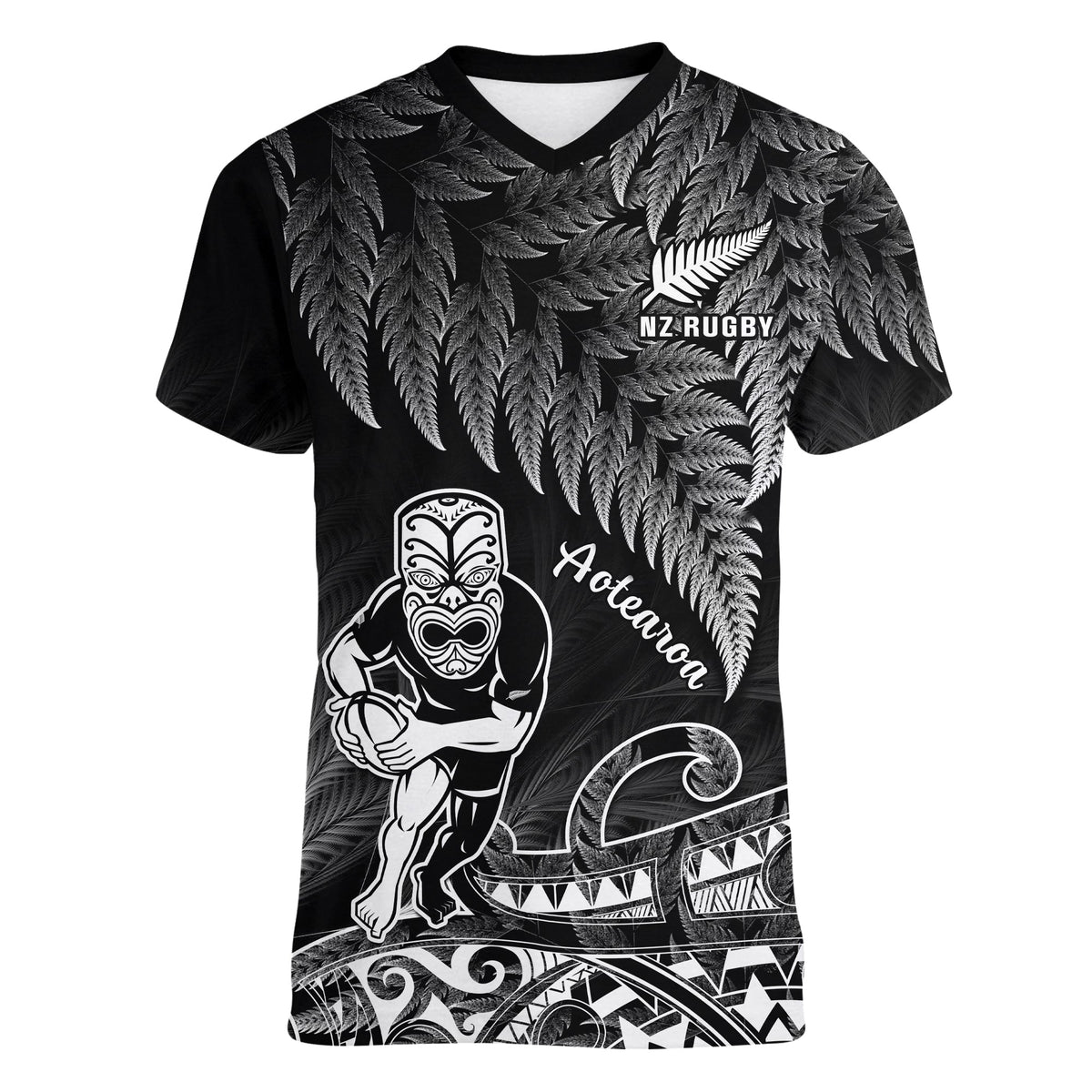 (Custom Text And Number) New Zealand Silver Fern Rugby V-Neck T Shirt All Black Koru Maori - Wonder Print Shop