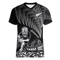 (Custom Text And Number) New Zealand Silver Fern Rugby V-Neck T Shirt All Black Koru Maori - Wonder Print Shop