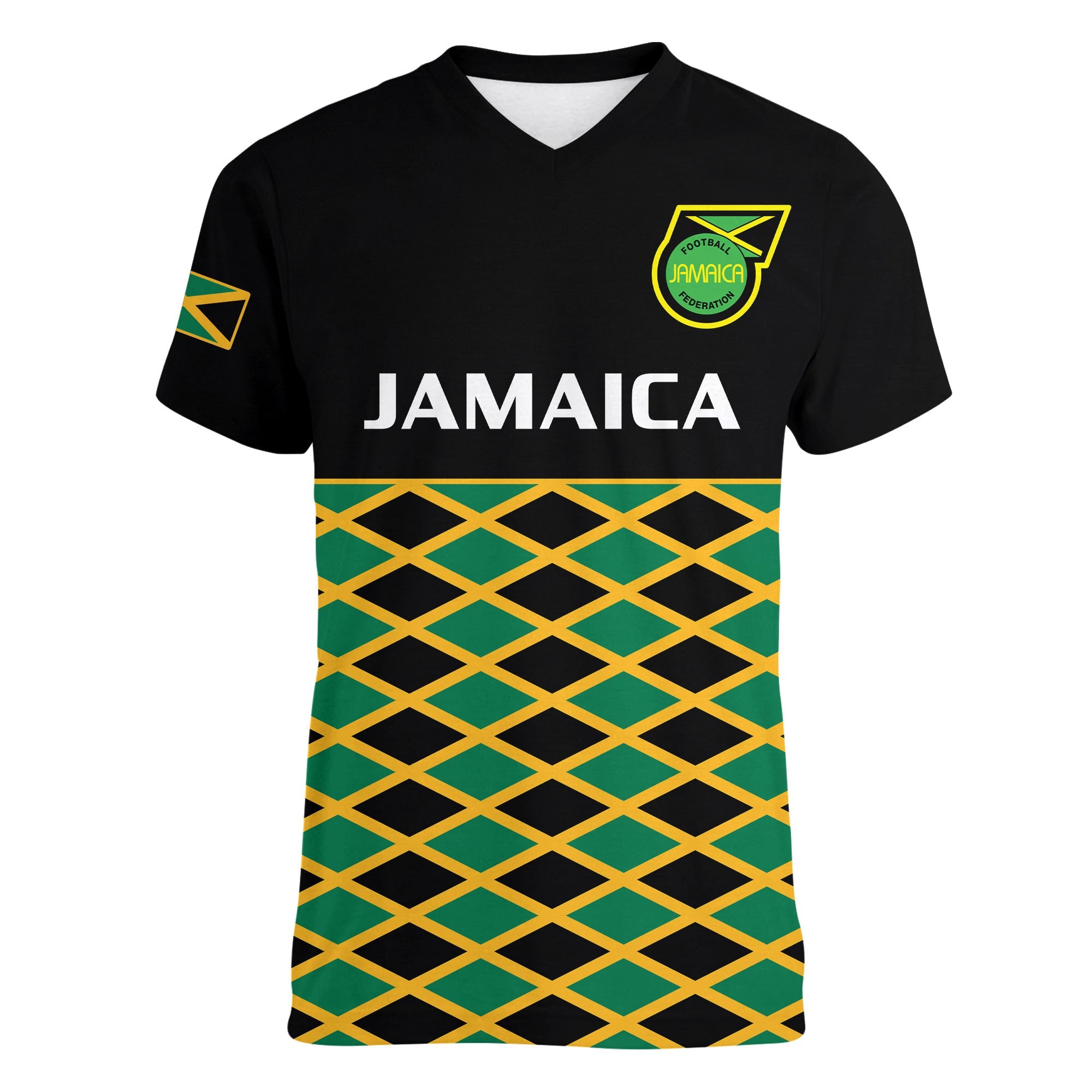 Custom Jamaica Football V Neck T Shirt Reggae Girlz 2023 Cup Of Nations Ver.01 - Wonder Print Shop