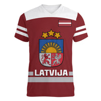 (Custom Text And Number) Latvia Hockey 2023 V-Neck T Shirt Red Sporty Style - Wonder Print Shop