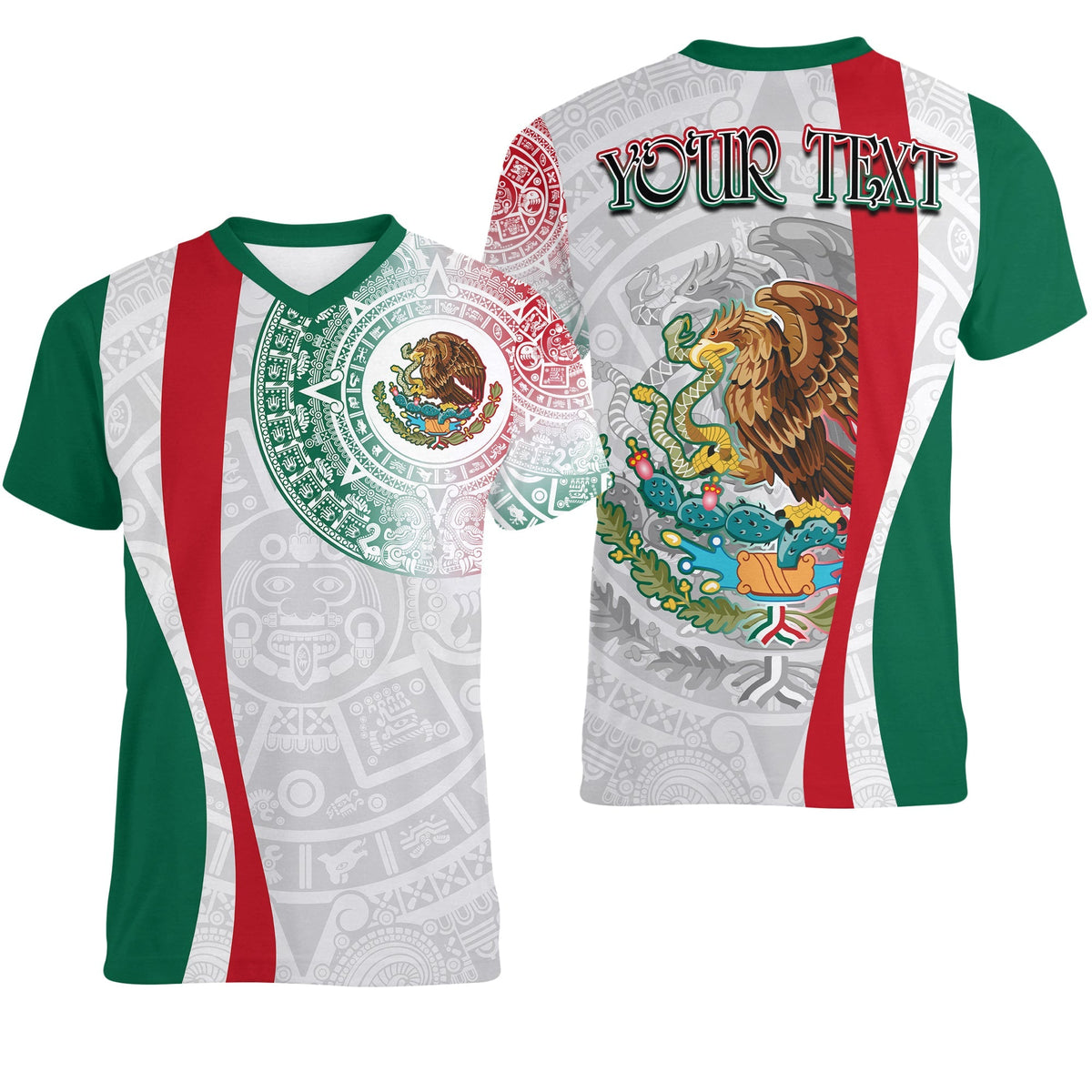 Custom Mexico V Neck T Shirt Mexican Eagles Aztec Pattern LT13 - Wonder Print Shop