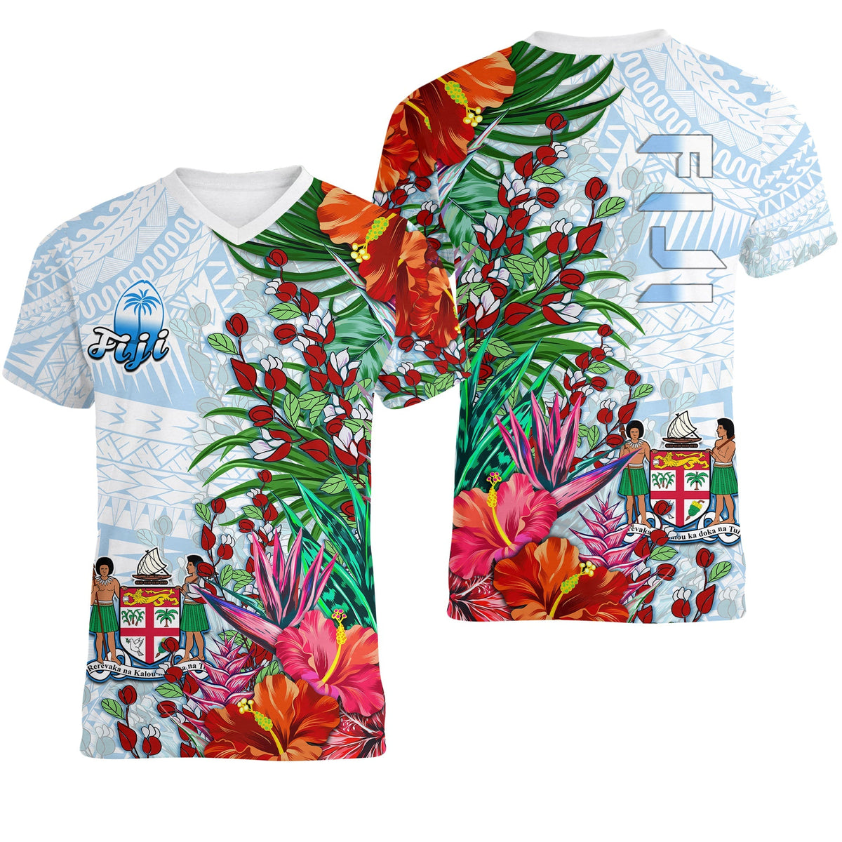 Fiji V Neck T Shirt Proud Fijian Tapa mix Tagimoucia Flowers LT13 - Wonder Print Shop