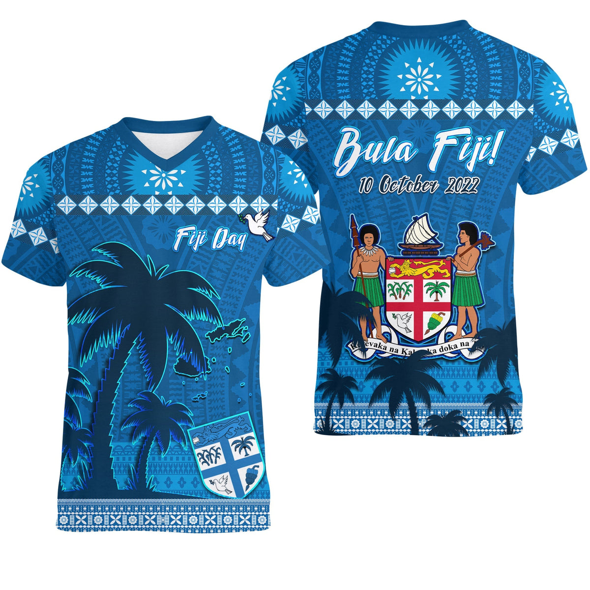 Bula Fiji Day V Neck T Shirt Fijian Tapa with Palm Tree 52nd Anniversary LT13 - Wonder Print Shop