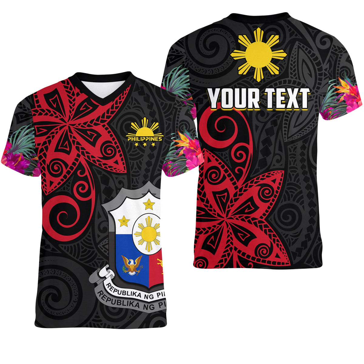 (Custom Personalised) Philippines V-Neck T Shirt Sun Filipino Polynesian mix Flowers Black Vibe LT13 - Wonder Print Shop