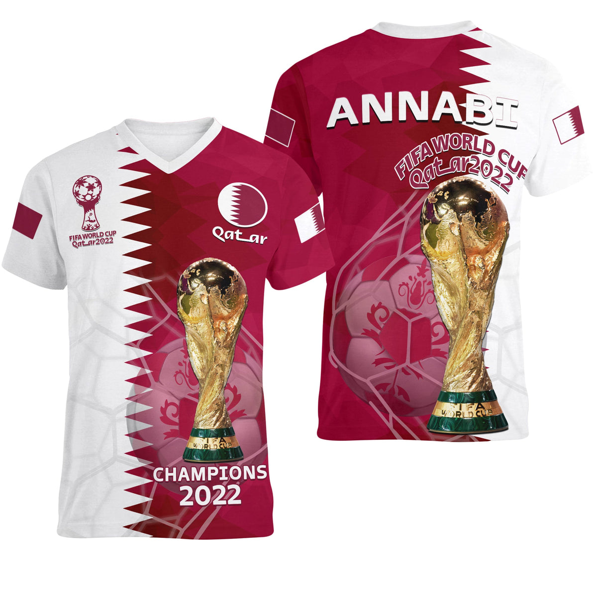Qatar Football V-Neck T Shirt Annabi Champions Proud WC 2022 - Wonder Print Shop