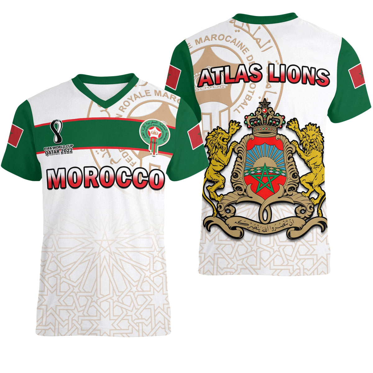 Morocco Football V Neck T Shirt Atlas Lions White World Cup 2022 - Wonder Print Shop
