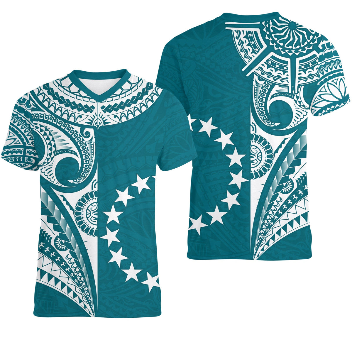 Cook Islands Tatau V Neck T Shirt Symbolize Passion Stars Version Blue LT13 - Wonder Print Shop