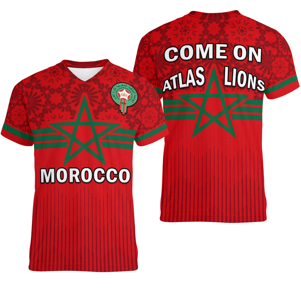 Morocco Football V Neck T Shirt World Cup 2022 Red Moroccan Pattern - Wonder Print Shop