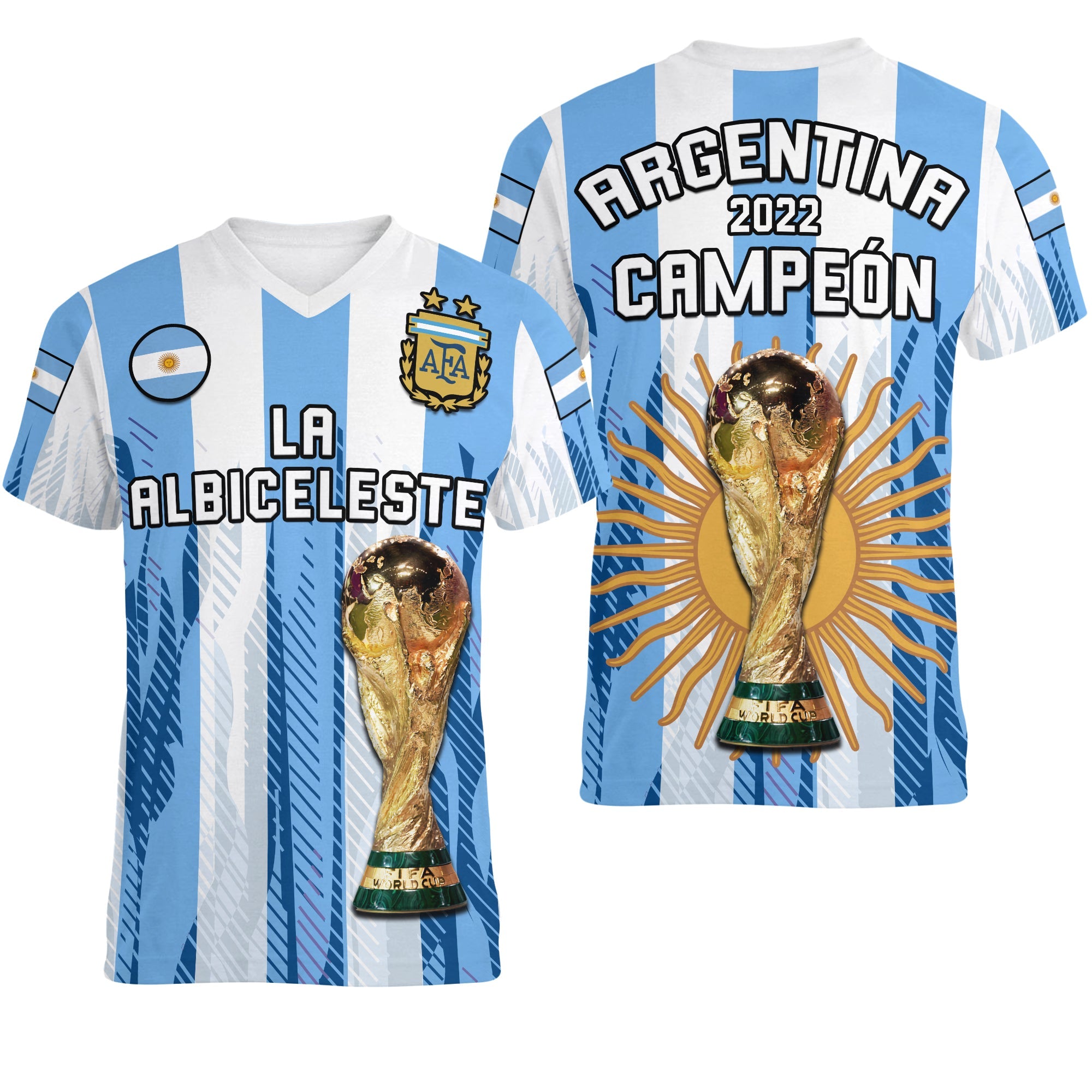 Argentina Football V-Neck T Shirt La Albiceleste Campeon Proud White 2022 - Wonder Print Shop