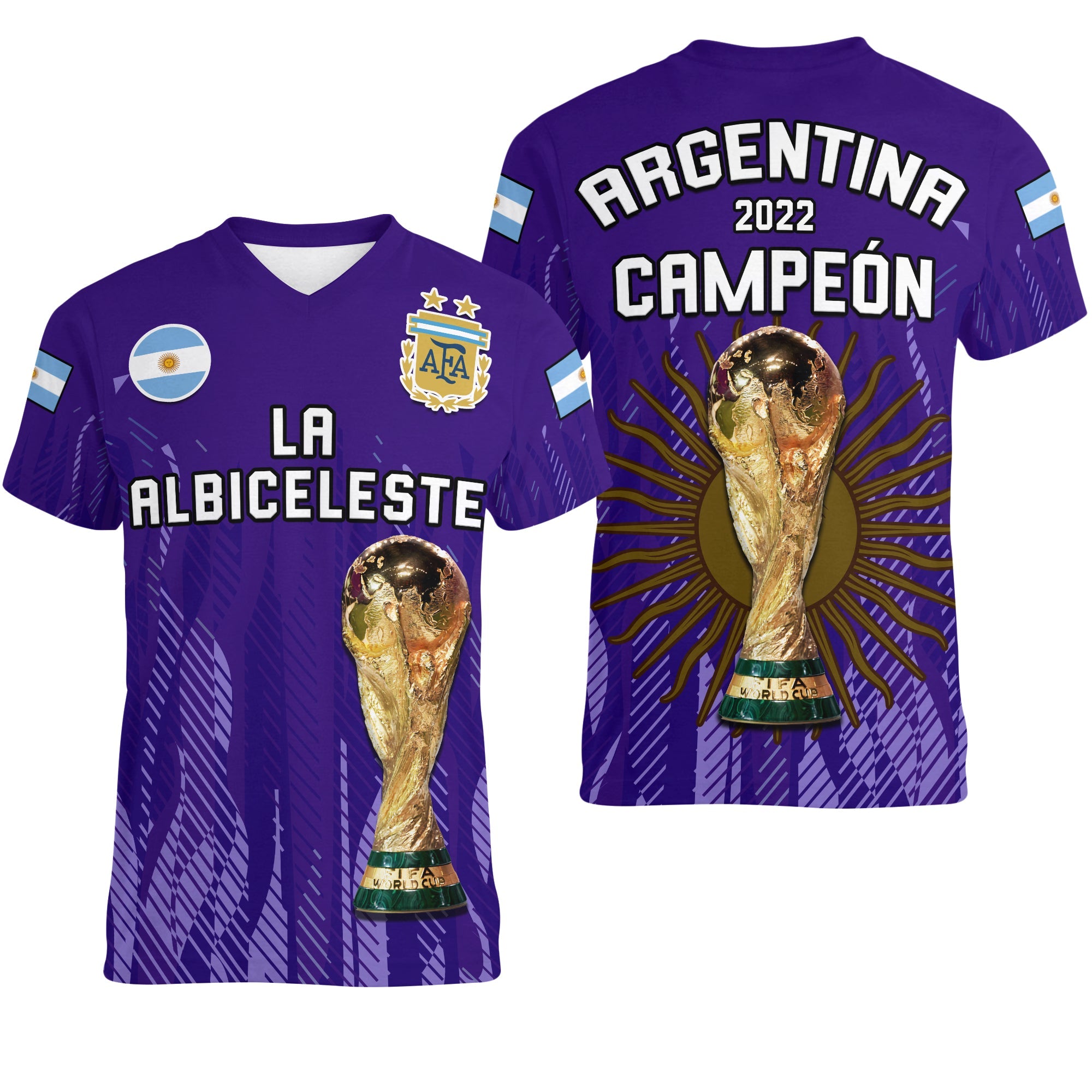 Argentina Football V-Neck T Shirt La Albiceleste Campeon Proud Purple 2022 - Wonder Print Shop