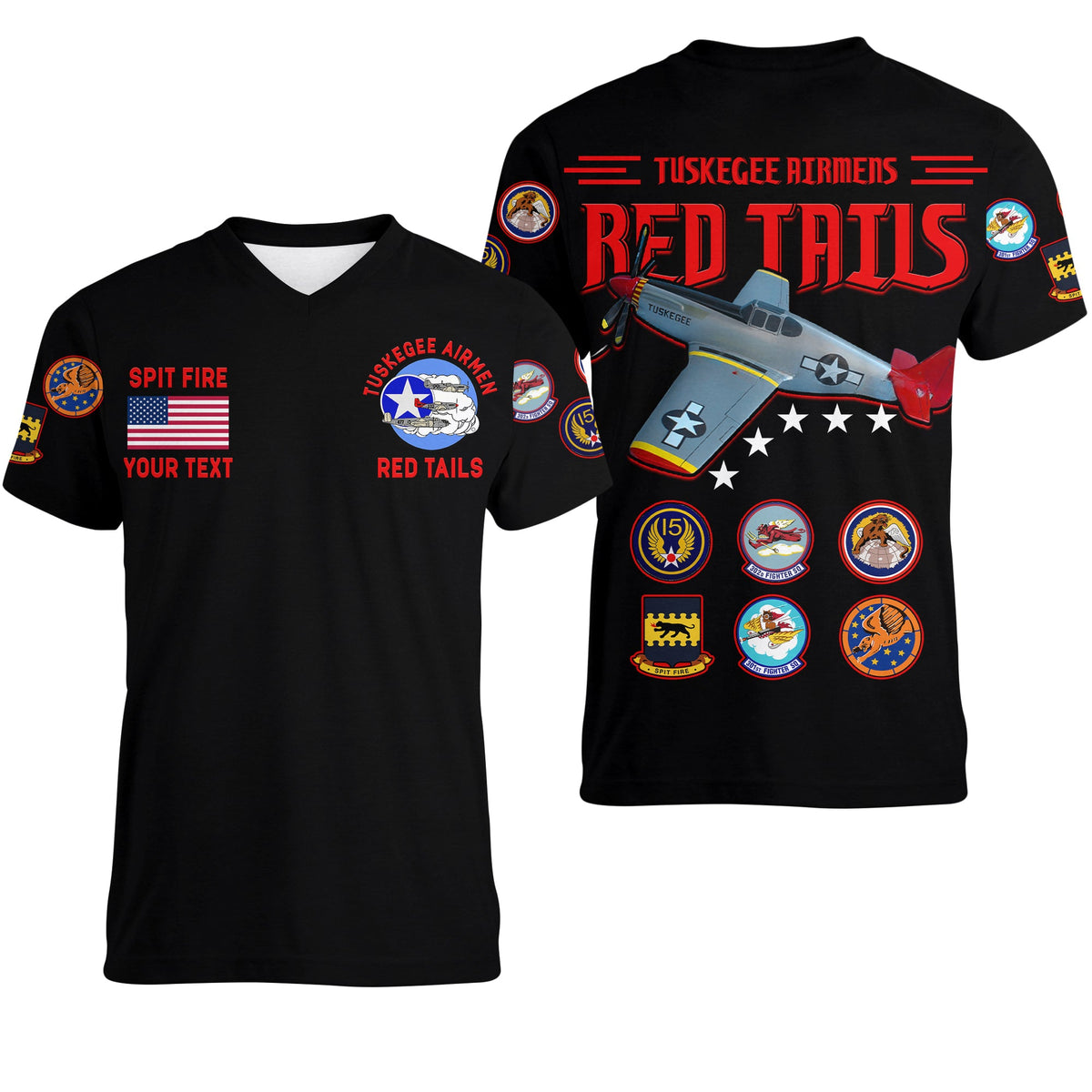 Custom Tuskegee Airmen V Neck T Shirt US Military Black Red Tails LT13 - Wonder Print Shop