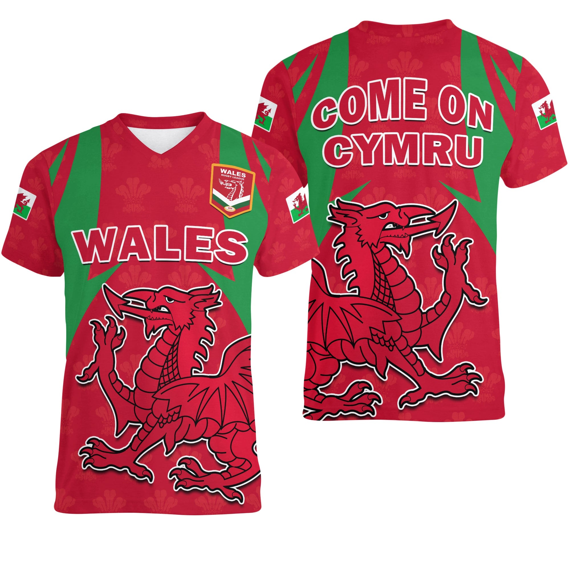 Wales Rugby V-Neck T Shirt The Dragons National Team Come On Cymru - Wonder Print Shop