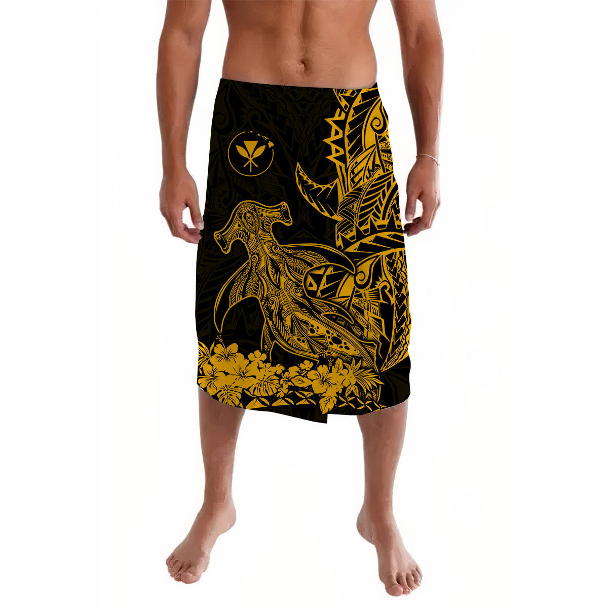 Hawaii Polynesian Lavalava Wild Hammerhead Sharks Gold LT13 - Wonder Print Shop
