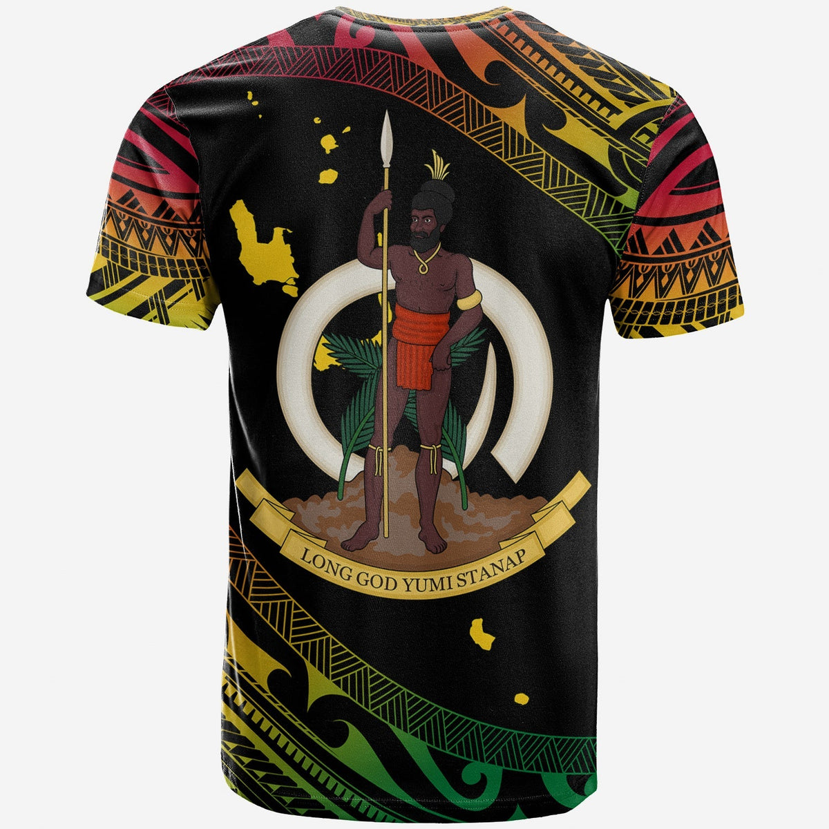 Black back design with warrior graphic, spear, and text 'LONG GOD YUMI STANAP'