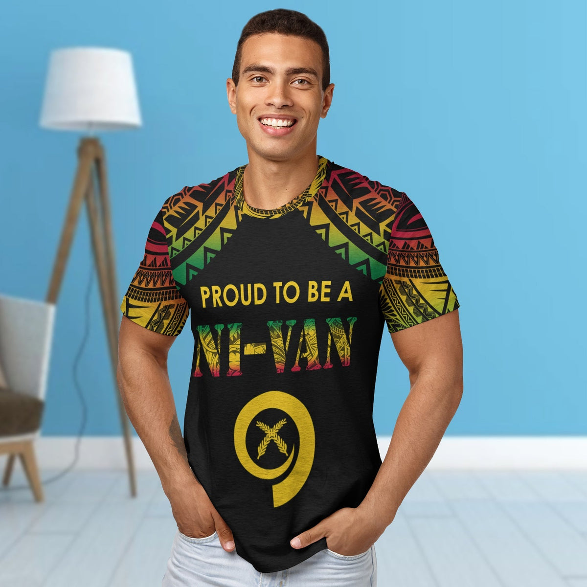 Black Vanuatu T-shirt with 'PROUD TO BE A NI VAN' front print and yellow emblem