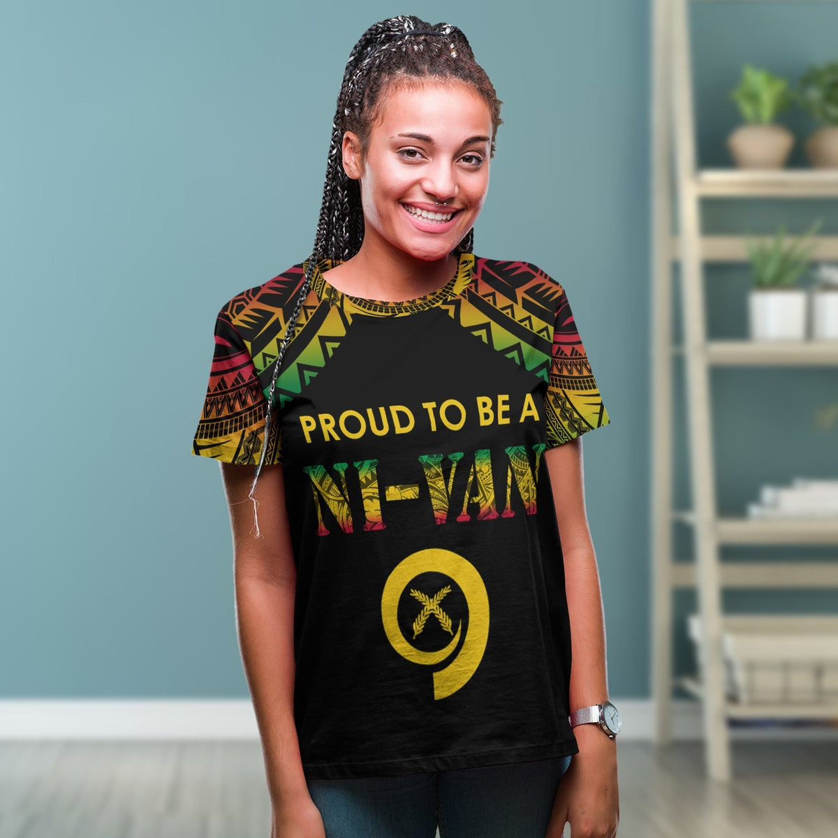 Black Vanuatu T-shirt with patterned sleeves and yellow 'PROUD TO BE A' graphic