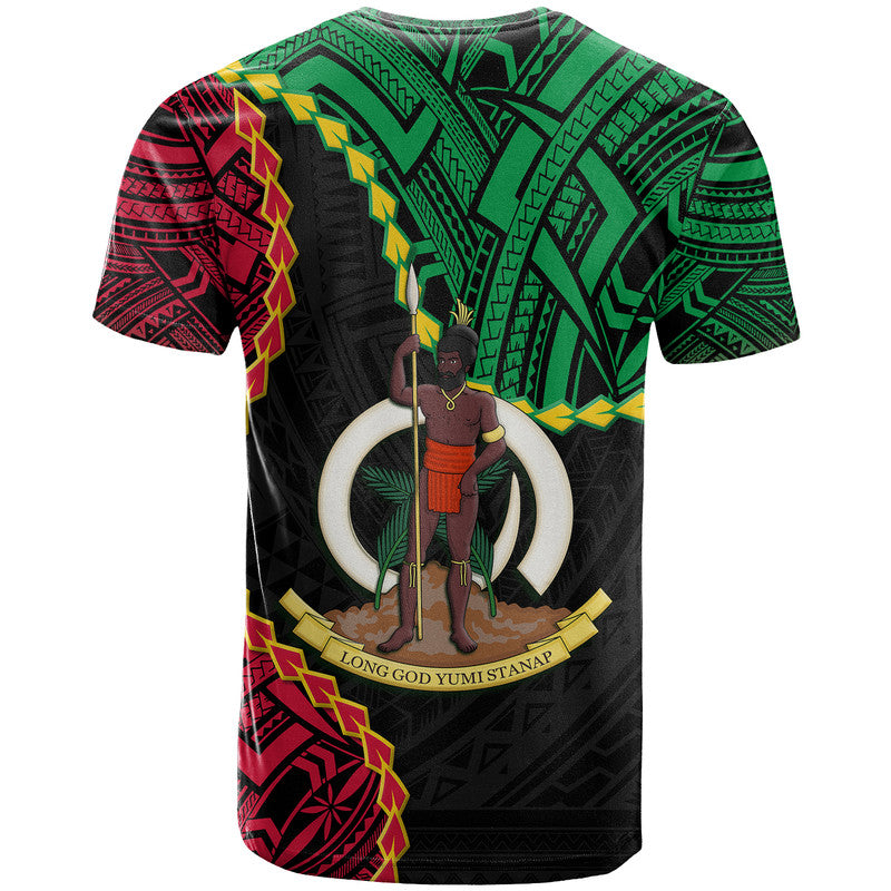 Black T-shirt with green tribal patterns, red accents, and central coat of arms