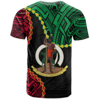 Black T-shirt with green tribal patterns, red accents, and central coat of arms