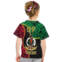 Children's graphic T-shirt back with 'YOUR TEXT' and 09 crest, green and red on black