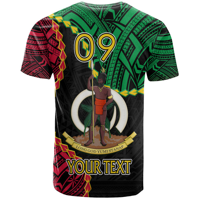 Graphic T-shirt with Vanuatu crest and large 'YOUR TEXT' print, black with green and red