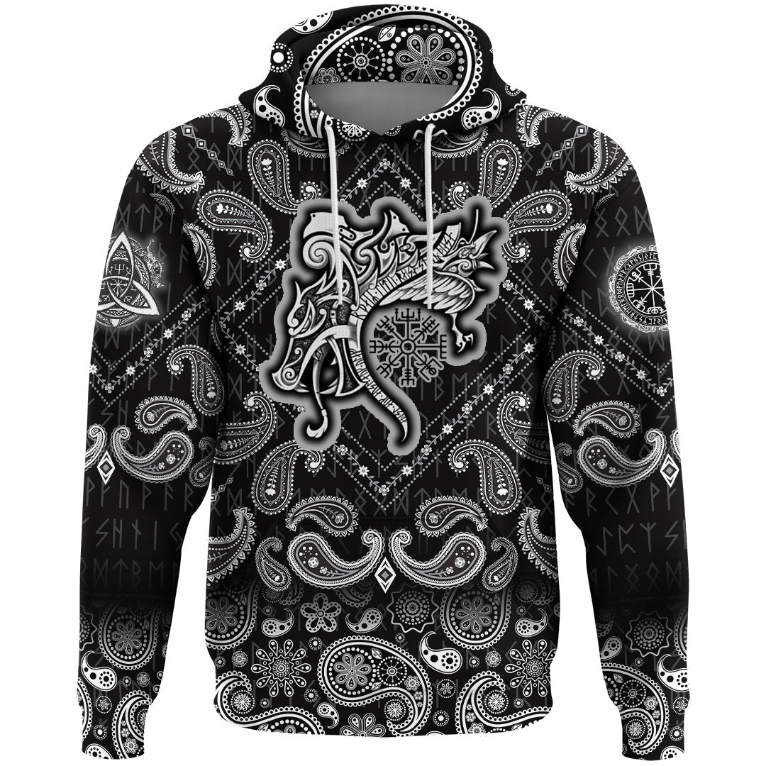 Viking Hoodie Vegvisir Wolf and Raven with Bandana Paisley Style RLT12 - Wonder Print Shop