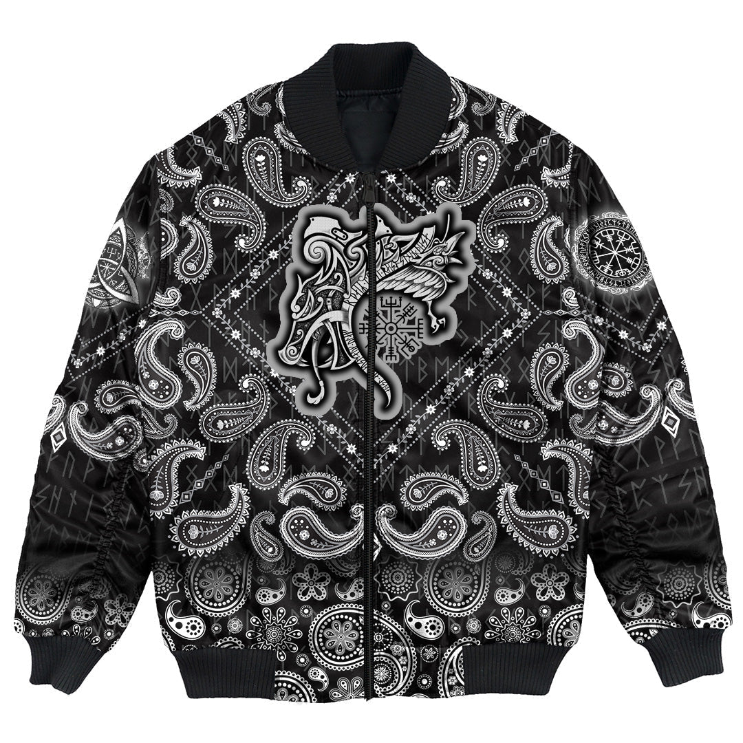 Viking Bomber Jacket Vegvisir Wolf and Raven with Bandana Paisley Style RLT12 - Wonder Print Shop