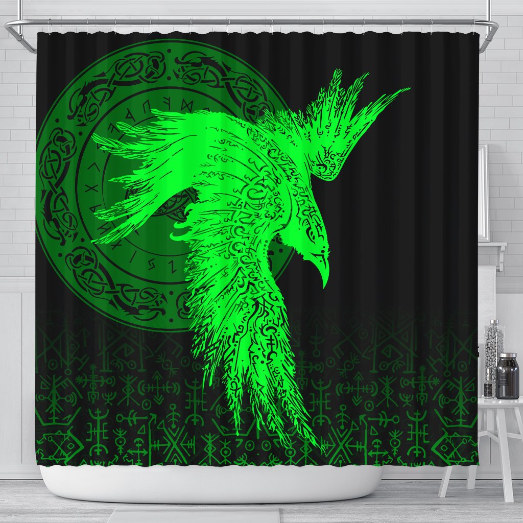 viking-shower-curtain-raven-tattoo-green