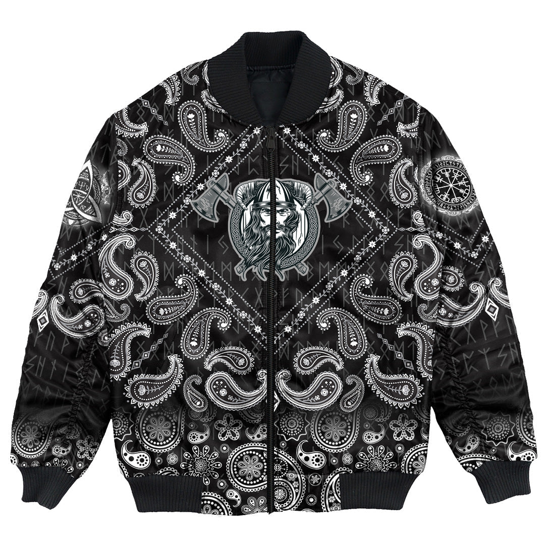 Viking Bomber Jacket Vikings Head In Horned Helmet Axes with Bandana Paisley Style RLT12 - Wonder Print Shop