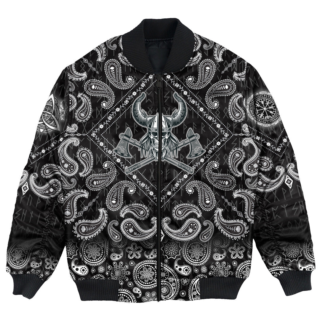 Viking Bomber Jacket Vikings Head In Horned Helmet and Axes with Bandana Paisley Style RLT12 - Wonder Print Shop