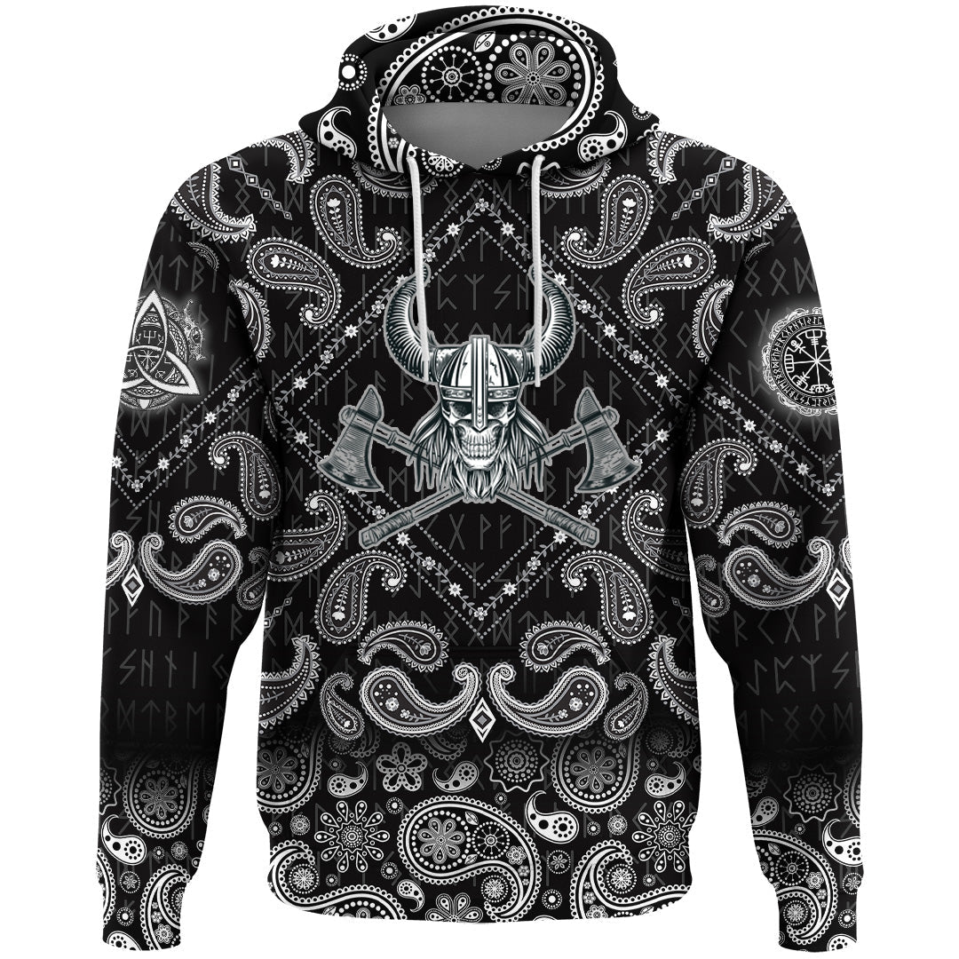 Viking Hoodie Vikings Head In Horned Helmet and Axes with Bandana Paisley Style RLT12 - Wonder Print Shop