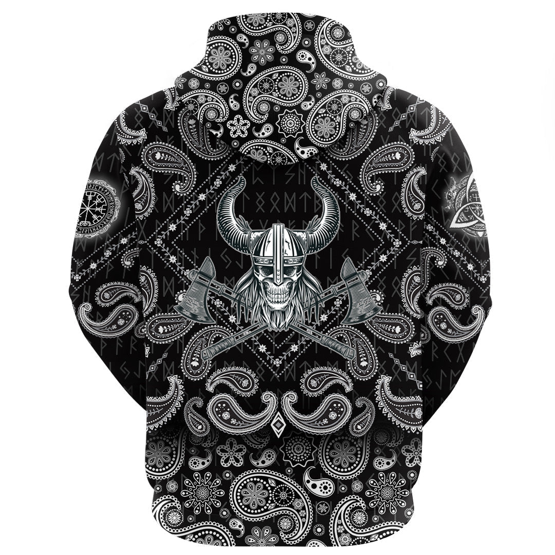 Viking Hoodie Vikings Head In Horned Helmet and Axes with Bandana Paisley Style RLT12 - Wonder Print Shop
